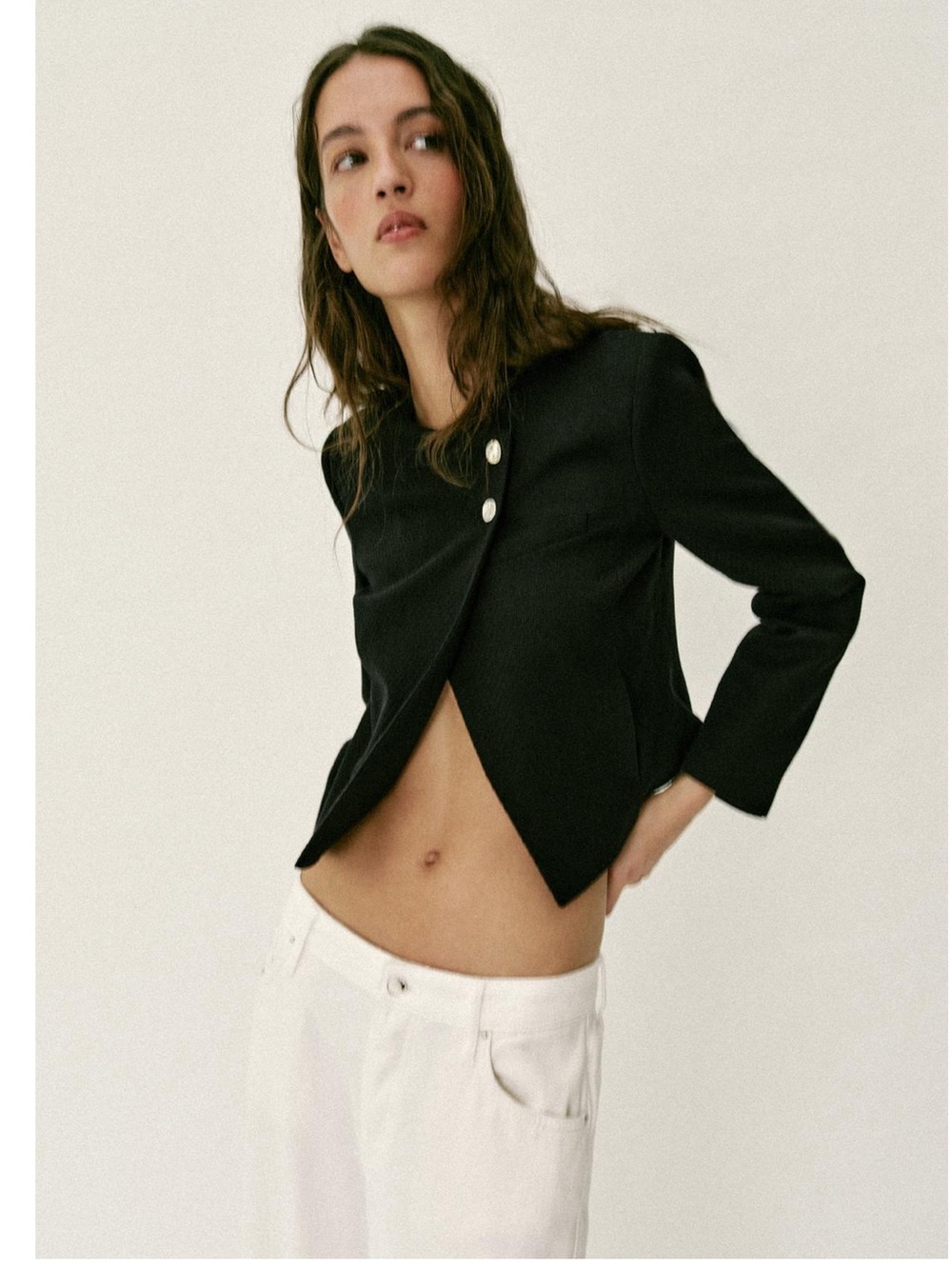 Zara Classic Black Cropped Jacket with Pearl Buttons